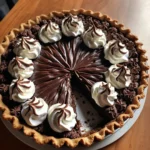 Chocolate pie Crust with flaky crust on rustic table