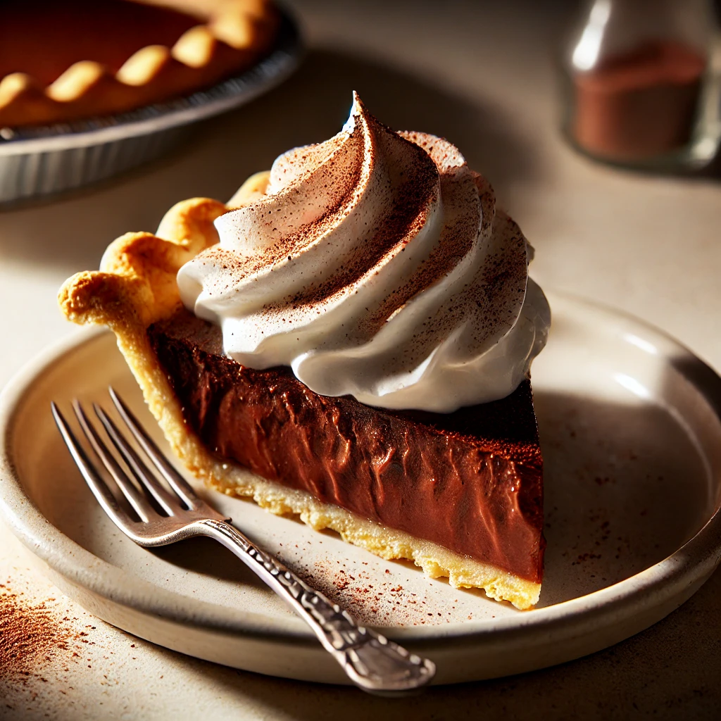 Close-up of an Instant Chocolate Pudding Pie with a Graham Cracker Crust topped with whipped cream and chocolate shavings