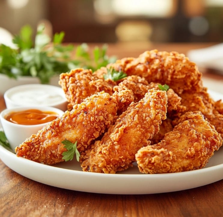 A plate of golden, crispy spicy chicken tenders served with dipping sauces.