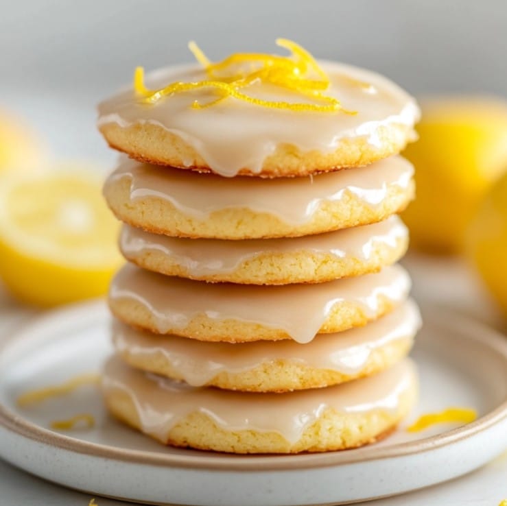 A plate of Italian lemon cookies topped with lemon glaze and zest