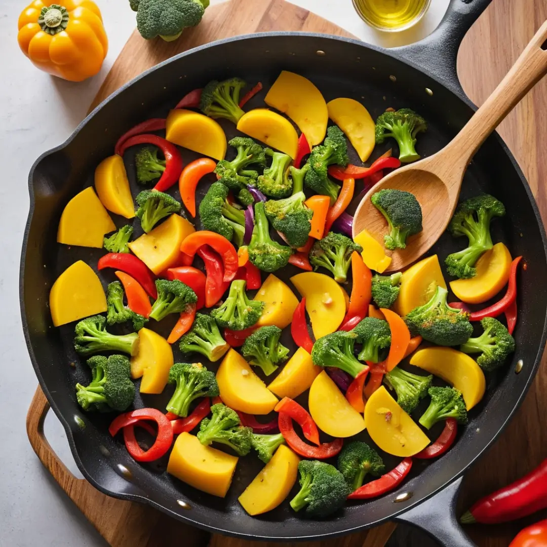 Fresh yellow squash added to sautéed vegetables in skillet