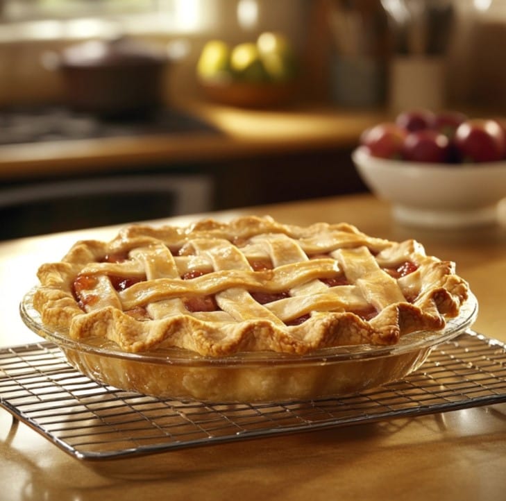 A golden-brown Pillsbury pie crust filled with fruit, fresh out of the oven.