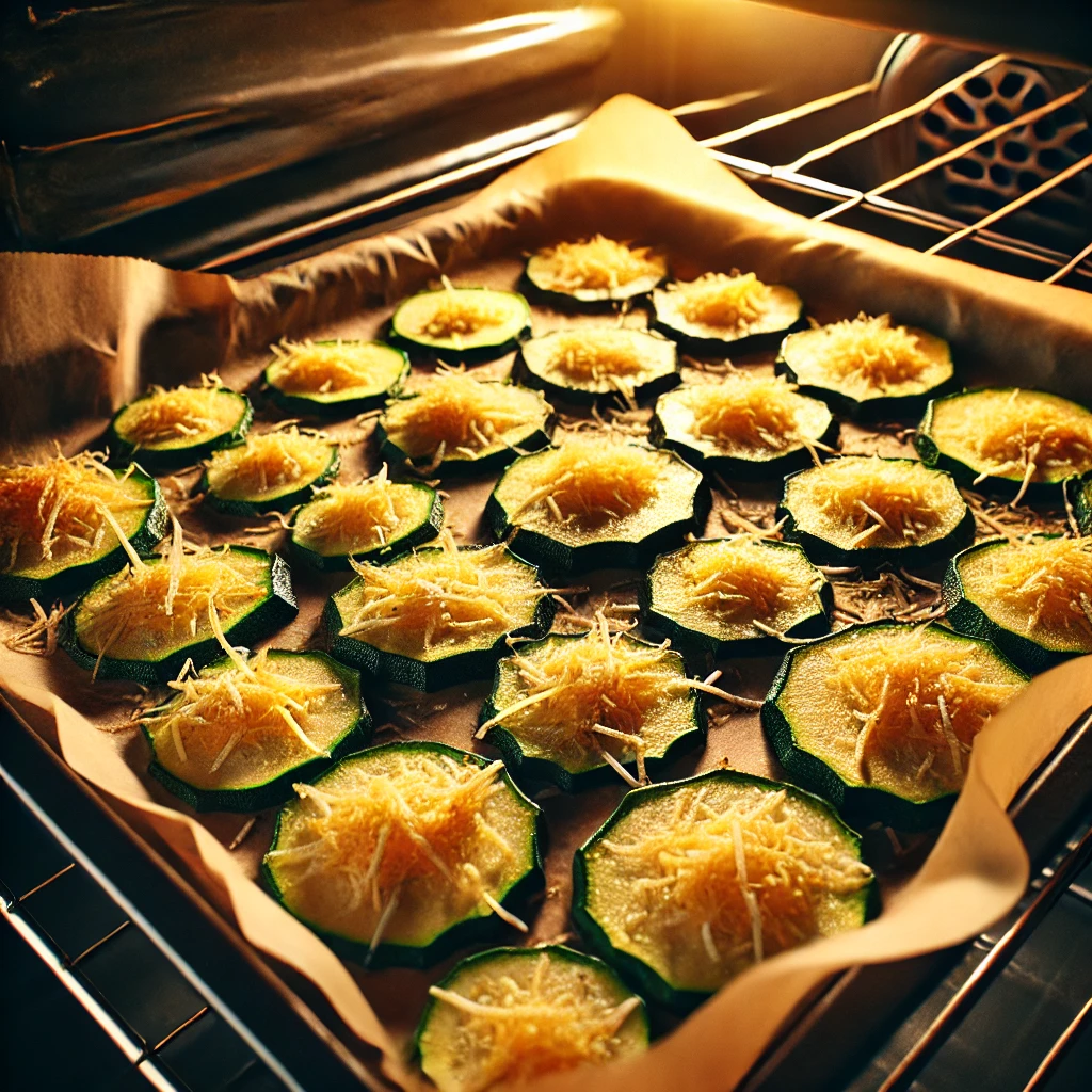 Zucchini Parmesan chips baking on a tray in the oven.