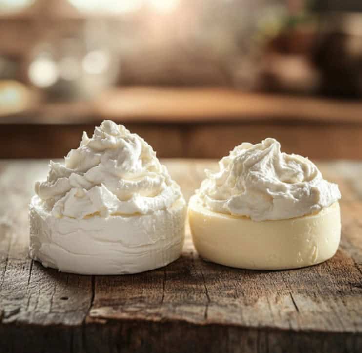 Philadelphia cream cheese and mascarpone on a wooden table