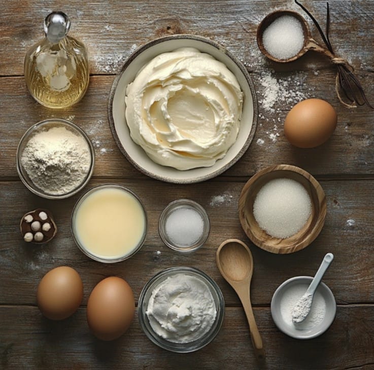 Ingredients for cheesecake filling on a kitchen counter