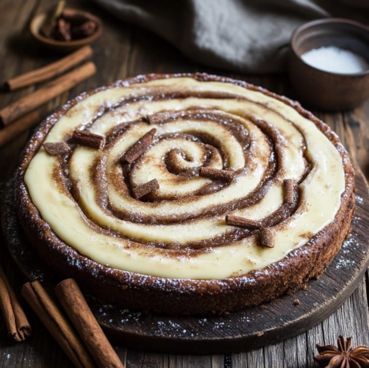 A beautifully swirled cinnamon roll cheesecake with cream cheese glaze.