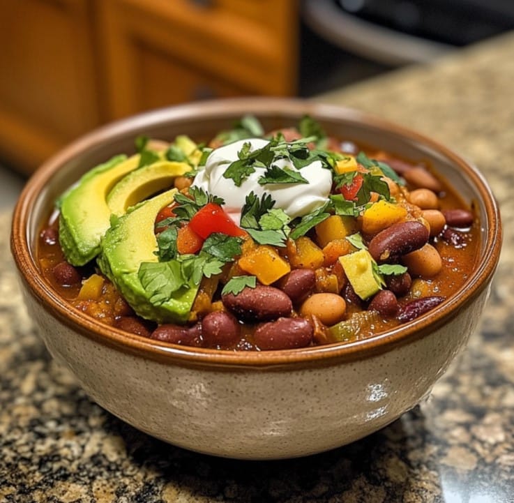 A bowl of chili with kidney beans and toppings.