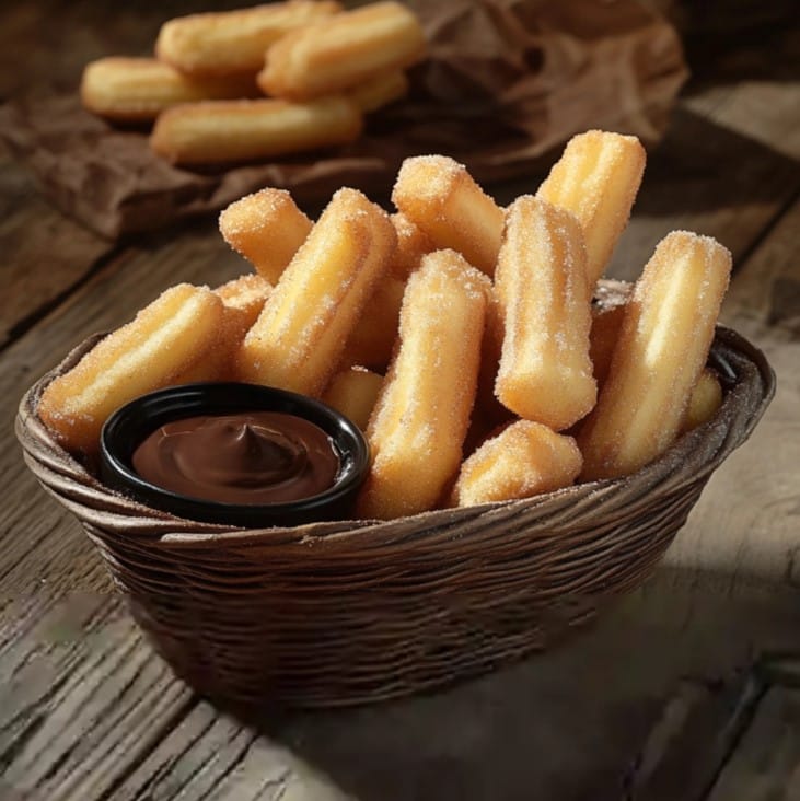 A basket of churro coated with cinnamon sugar and served with chocolate sauce