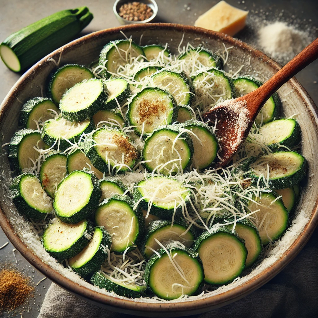 Zucchini slices being tossed in Parmesan and seasoning mixture.Title: Coating Zucchini with Parmesan