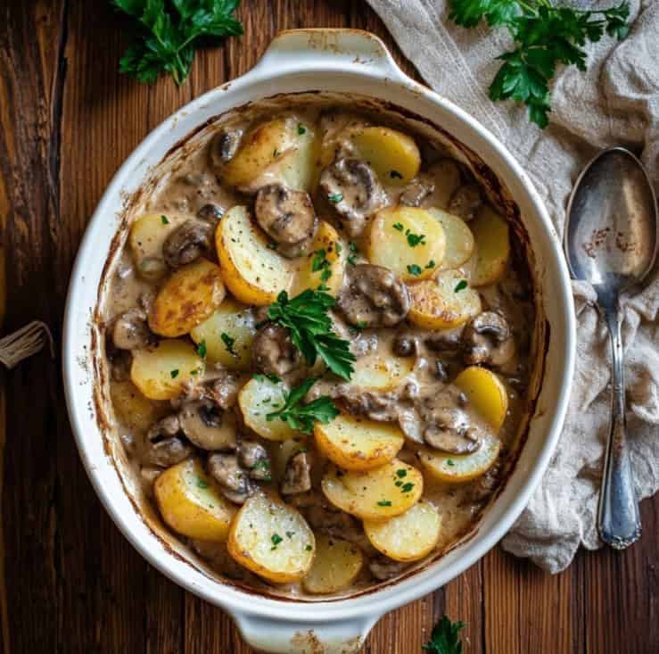 A golden casserole of hamburger and sliced potatoes with cream of mushroom soup.