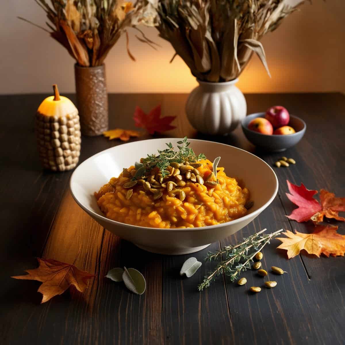 A bowl of creamy pumpkin risotto beans garnished with herbs and pepitas.