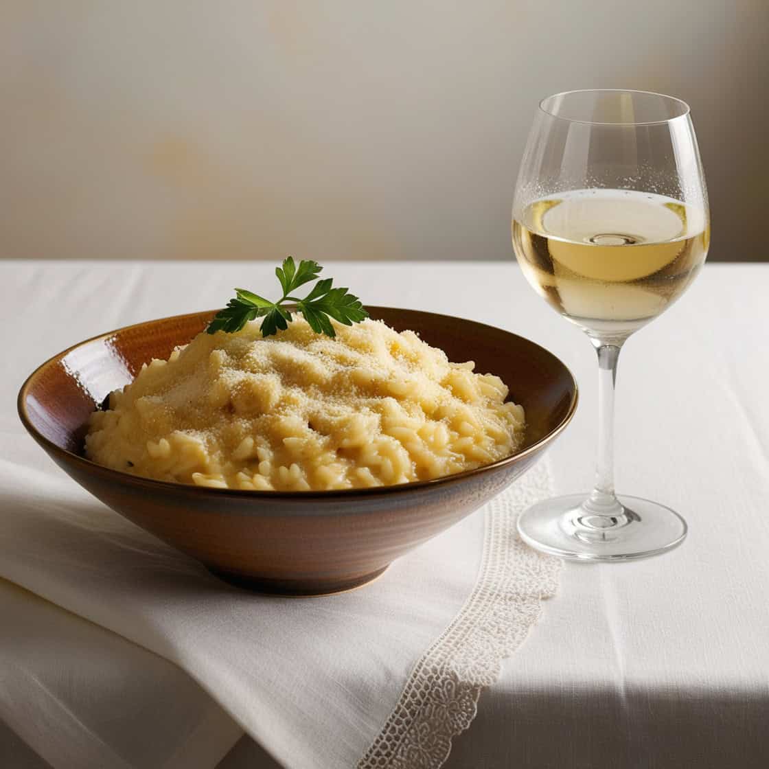 A creamy risotto served in a wide bowl with a spoon.