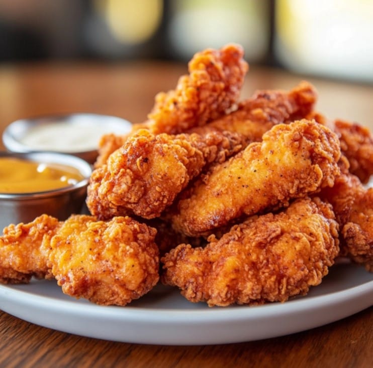 A plate of spicy chicken tenders served with dipping sauces