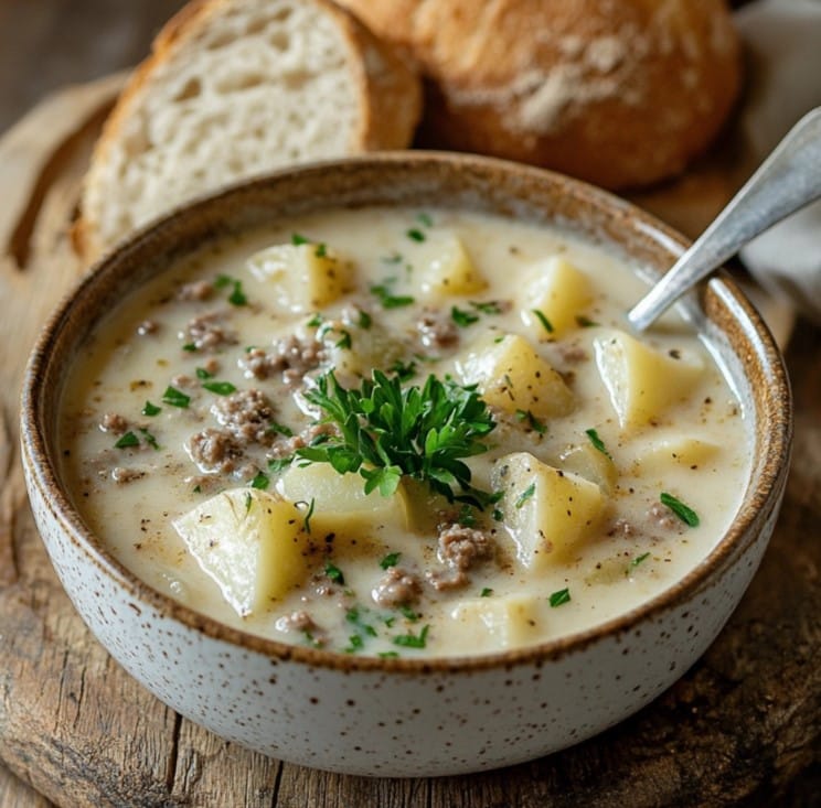 A hearty bowl of crockpot creamy potato and hamburger soup garnished with fresh herbs.