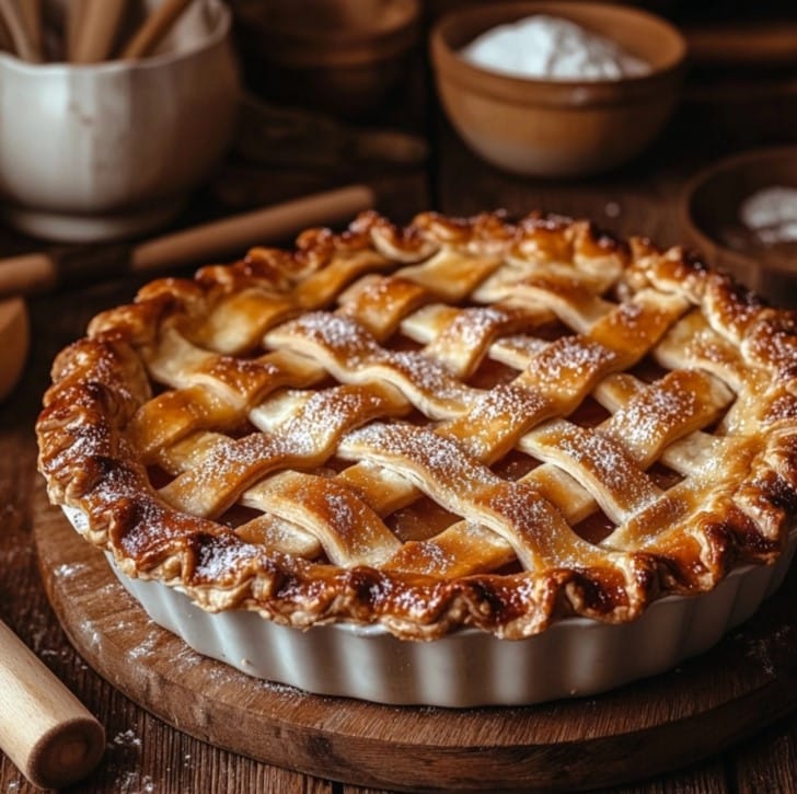 A beautifully baked pie with a golden crust and lattice topping.