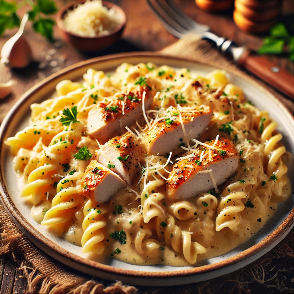 A plate of garlic Parmesan chicken pasta garnished with parsley and Parmesan