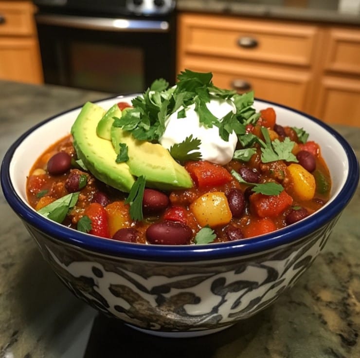 A bowl of 3 bean chili garnished with avocado and cilantro.