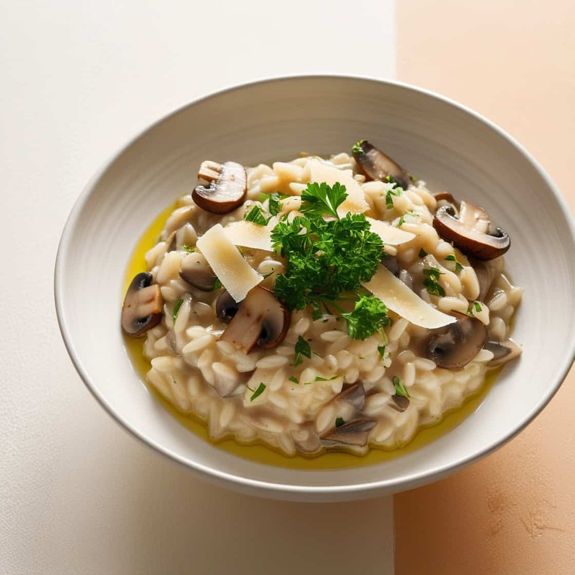 A creamy bowl of mushroom risotto garnished with parsley.