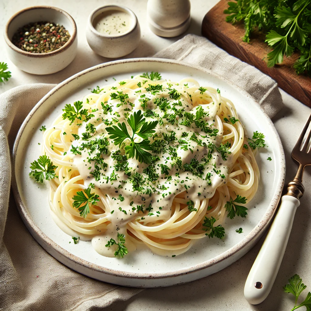 A plate of keto Alfredo pasta topped with creamy sauce and parsley.
