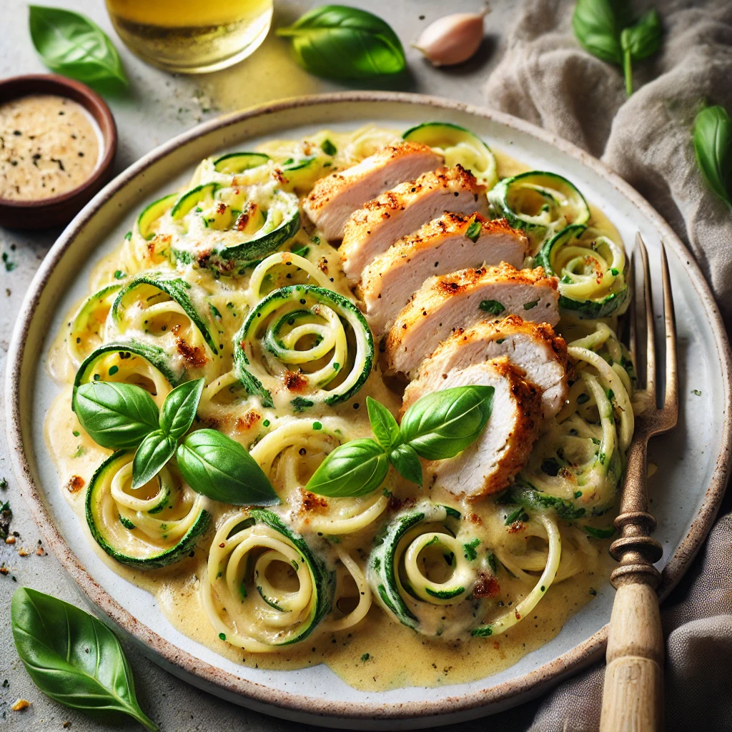A plate of keto garlic Parmesan chicken pasta made with zucchini noodles.