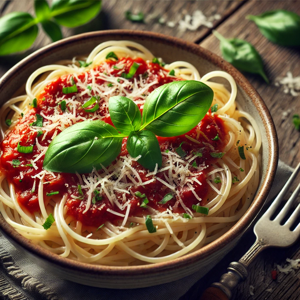 A bowl of keto pasta made with zucchini noodles and topped with marinara sauce