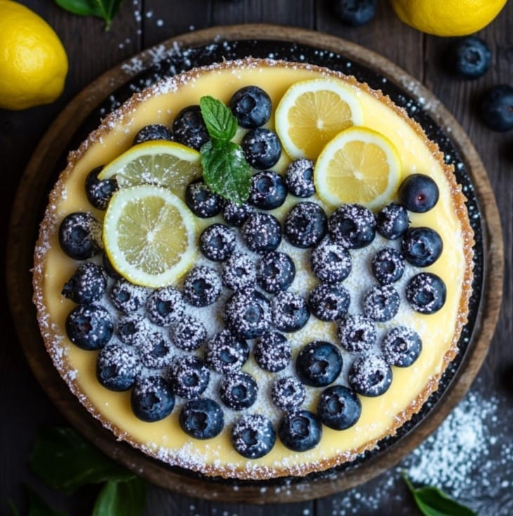 A vibrant lemon blueberry cheesecake topped with fresh blueberries and lemon slices.