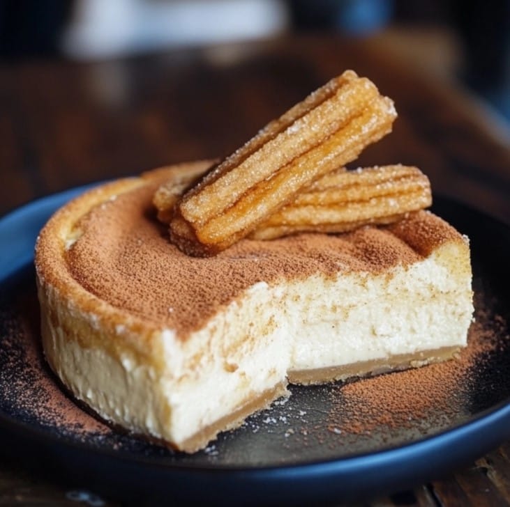 A slice of Mexican cheesecake with caramel drizzle.