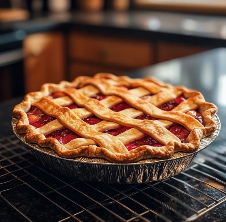 A golden-brown Pillsbury pie crust filled with fruit, fresh out of the oven.