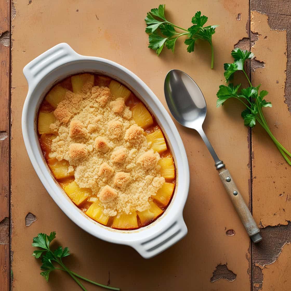 A golden pineapple casserole in a baking dish with a crispy topping.