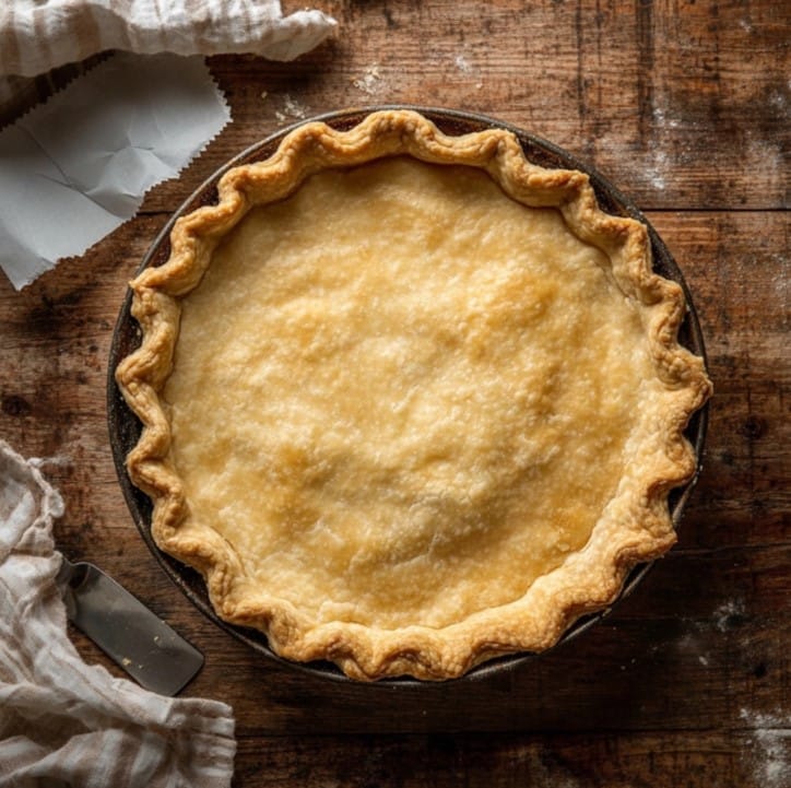 A prebaked frozen pie crust cooling on a wooden countertop.