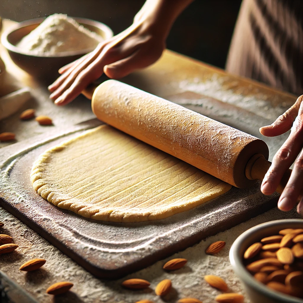 Almond flour pasta dough being rolled out on a floured surface