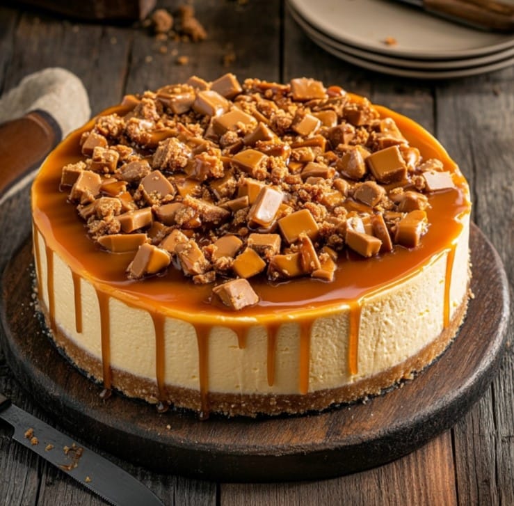 Reese’s Caramel Cheesecake with caramel drizzle and Reese’s pieces on top