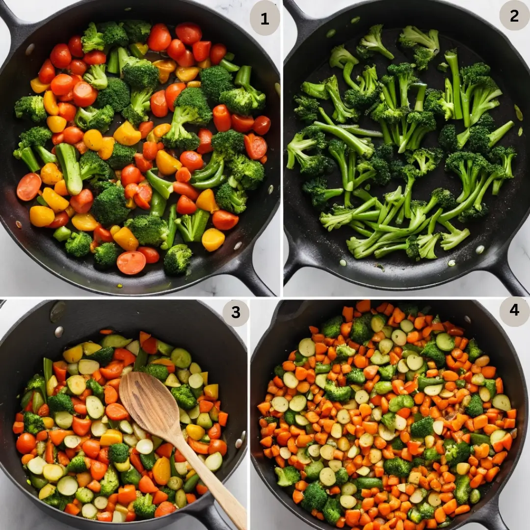 Fresh sautéed vegetables including broccoli and tomatoes in a skillet