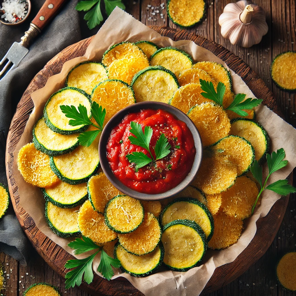 A plate of zucchini Parmesan chips served with marinara sauce
