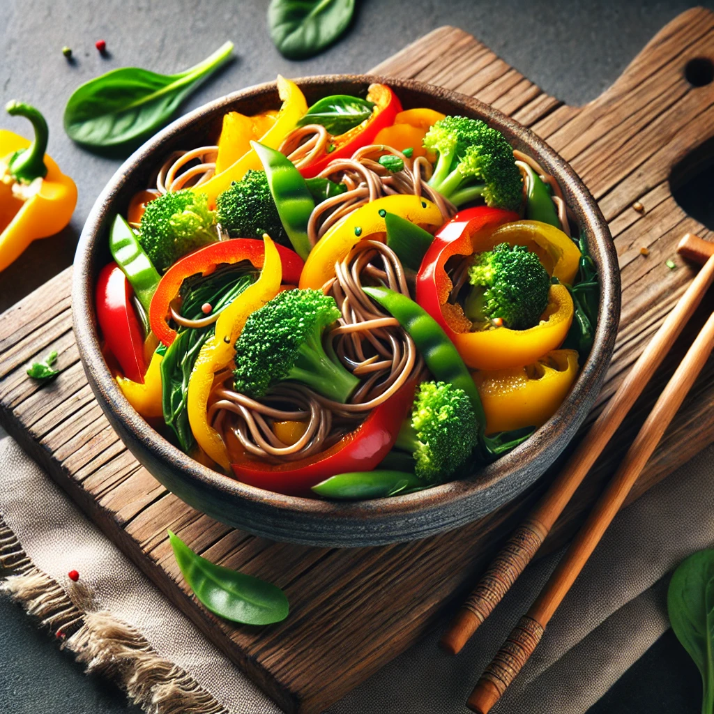 A stir-fry dish made with shirataki noodles and colorful vegetables.