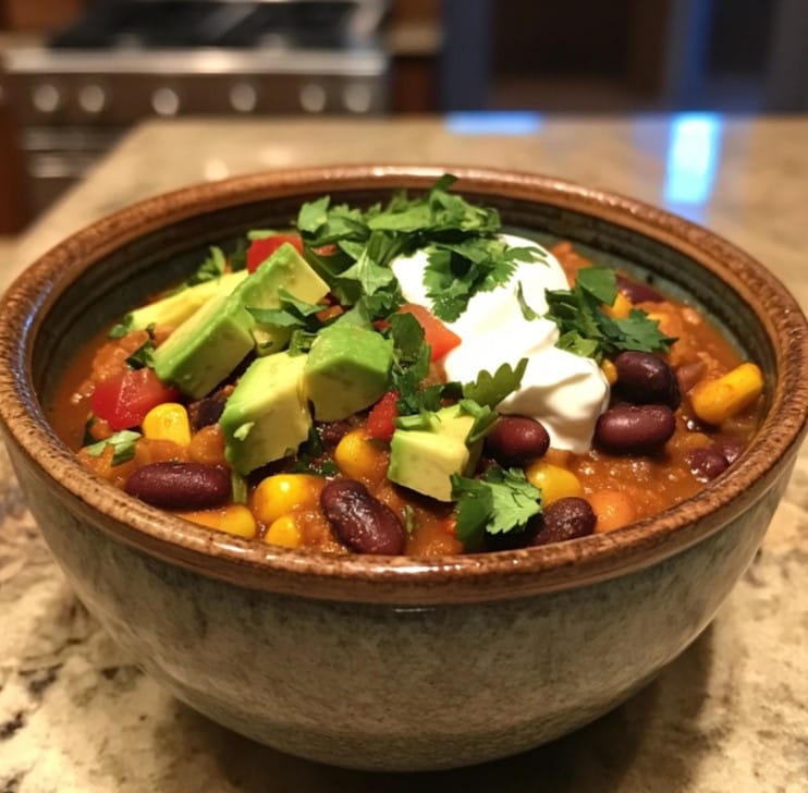 A bowl of hearty chili with canned beans on a wooden table