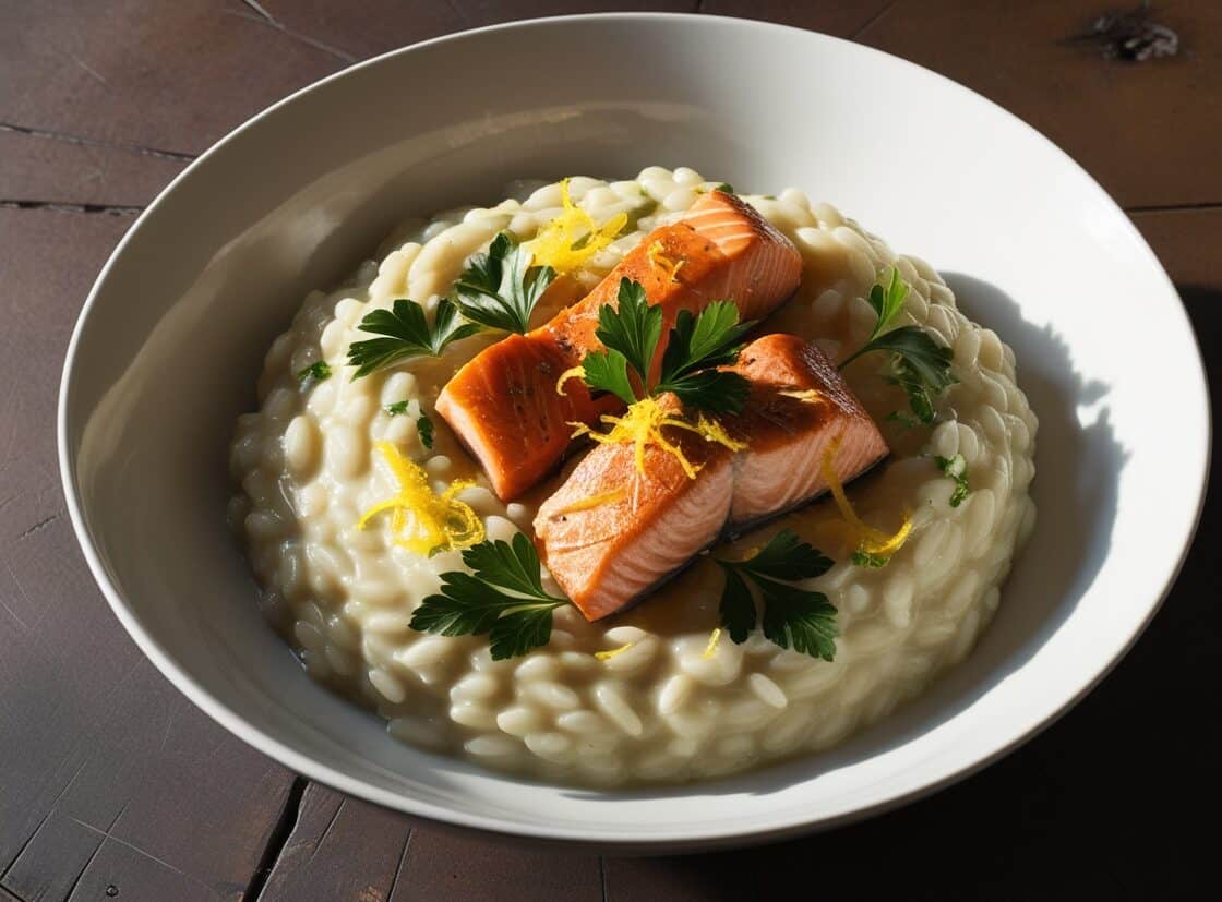 A bowl of Sicilian salmon risotto garnished with herbs and citrus slices.