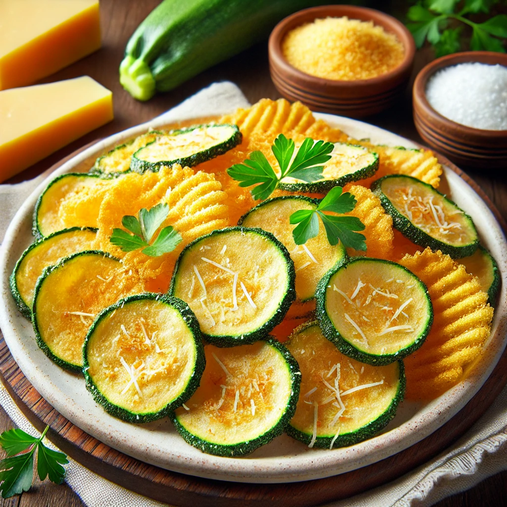 Thin zucchini slices on a mandoline slicer, ready for seasoning