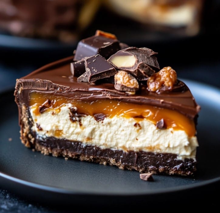 A luscious slice of Snickers cheesecake with caramel drizzle.