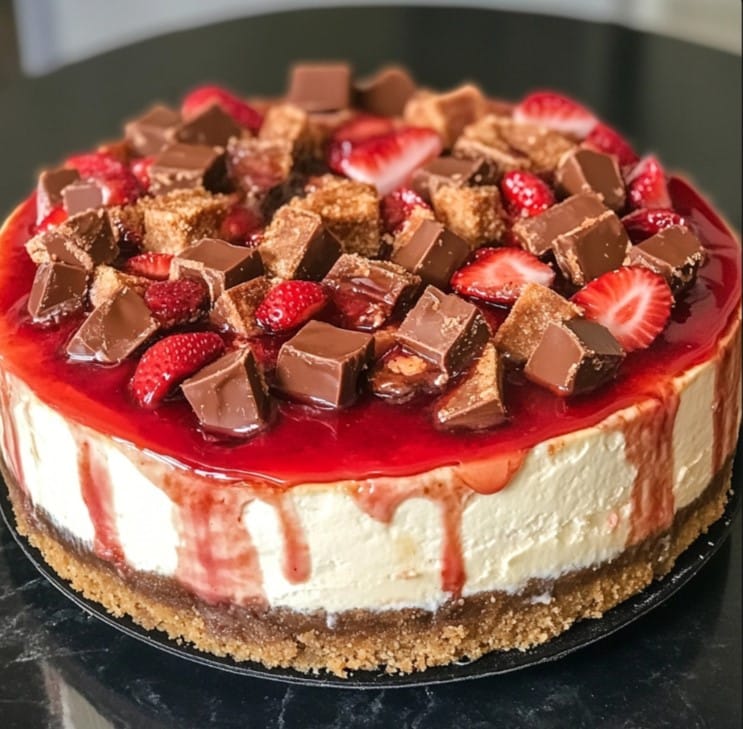 A whole Snickers strawberry cheesecake topped with strawberries and Snickers pieces.