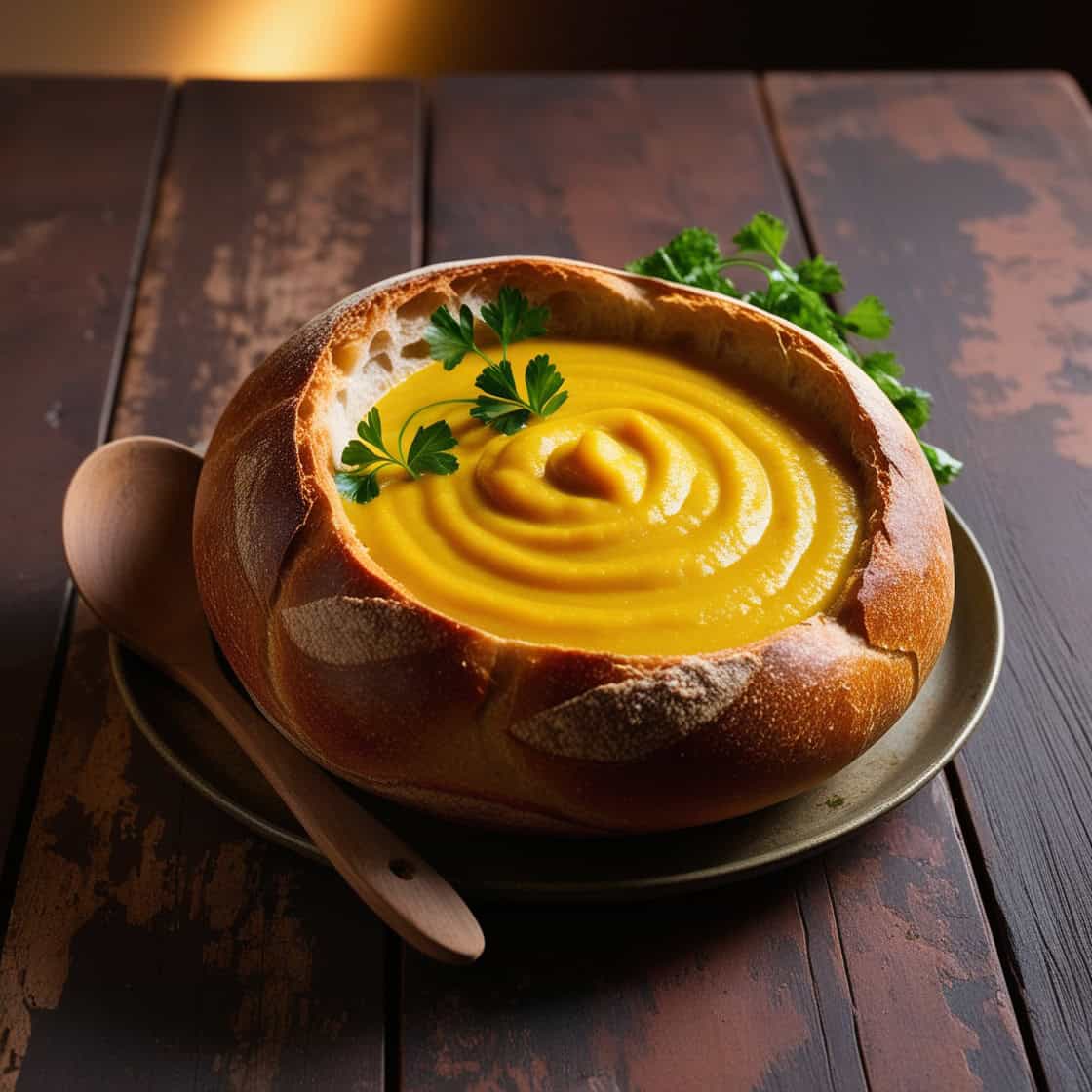 A sourdough bread bowl filled with creamy soup on a rustic wooden table