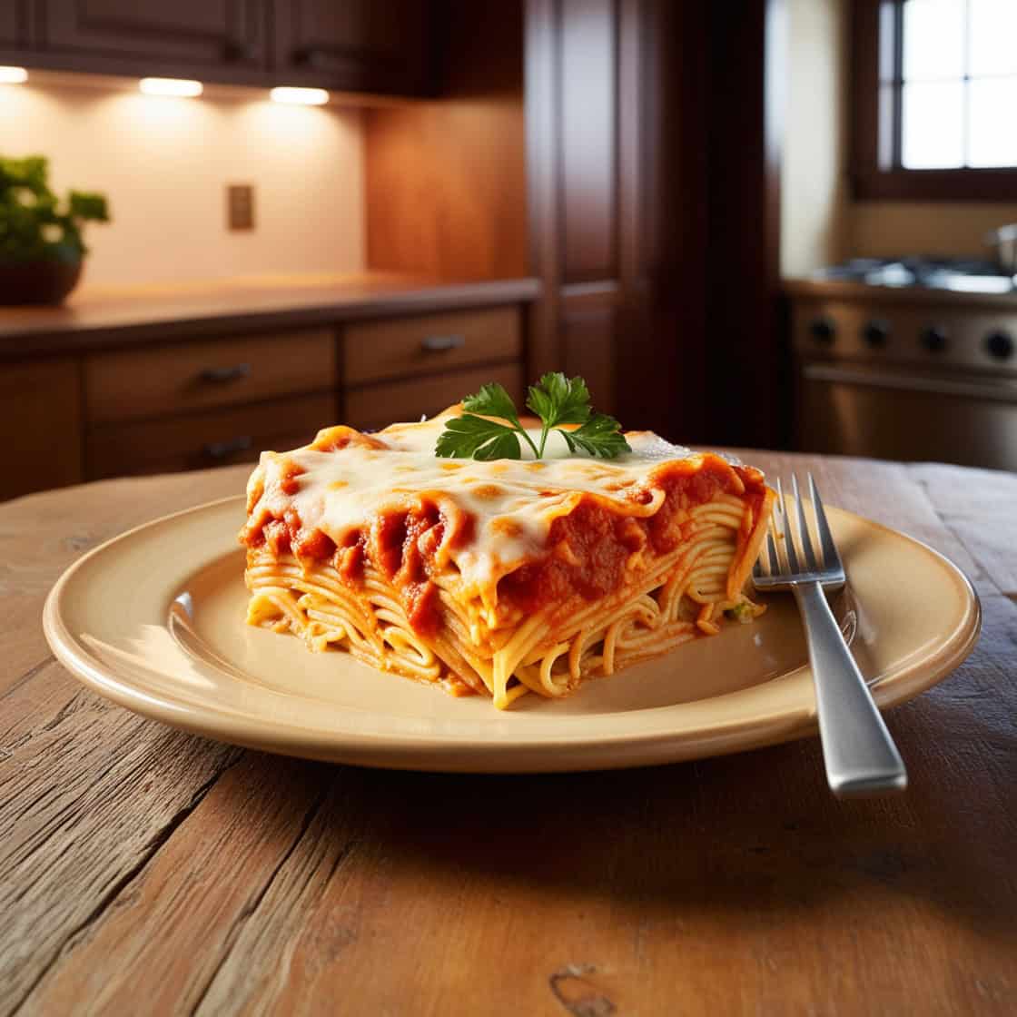 A slice of spaghetti casserole on a plate, garnished with fresh parsley.