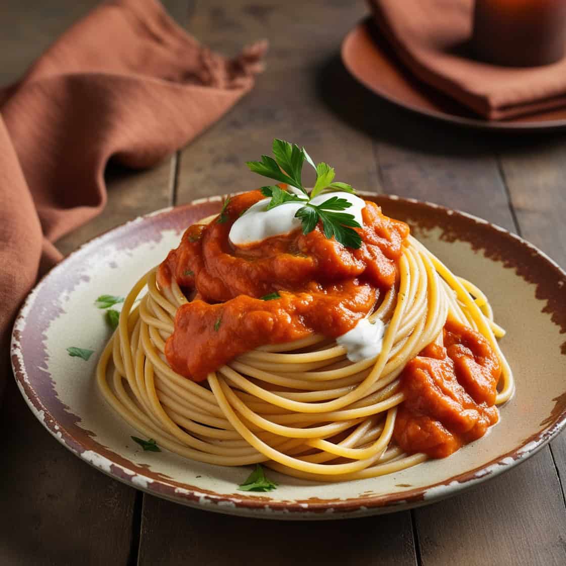 A bowl of spaghetti topped with sour cream-infused sauce and fresh herbs.