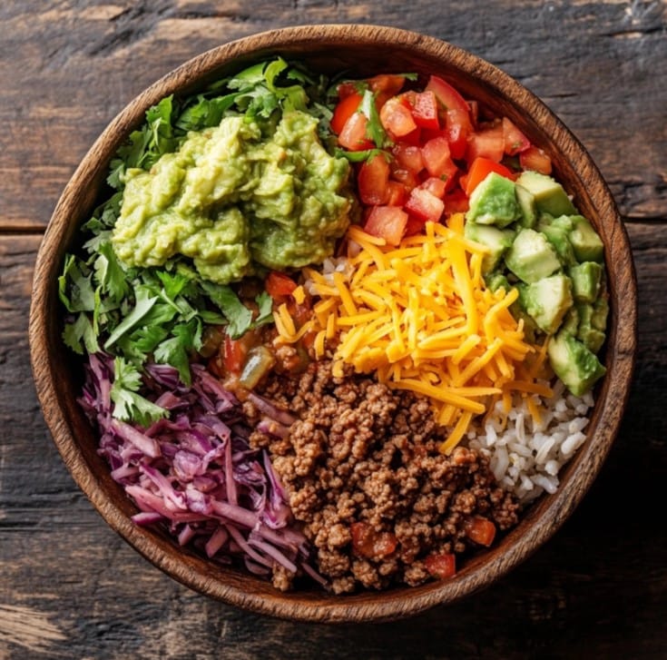 A colorful taco bowl filled with rice, seasoned beef, fresh vegetables, and toppings.