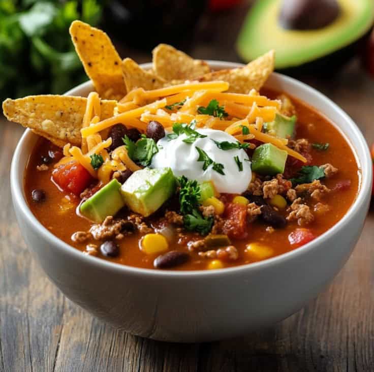 A bowl of taco soup topped with frios garnishes like avocado, cheese, and tortilla strips.