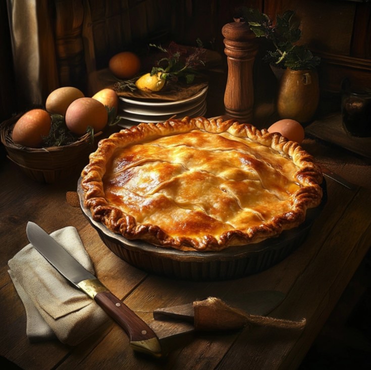 Traditional Italian Easter pie with a golden crust on a wooden table