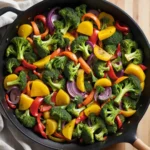 Colorful sauteed vegetables with broccoli, carrots, and peppers in skillet