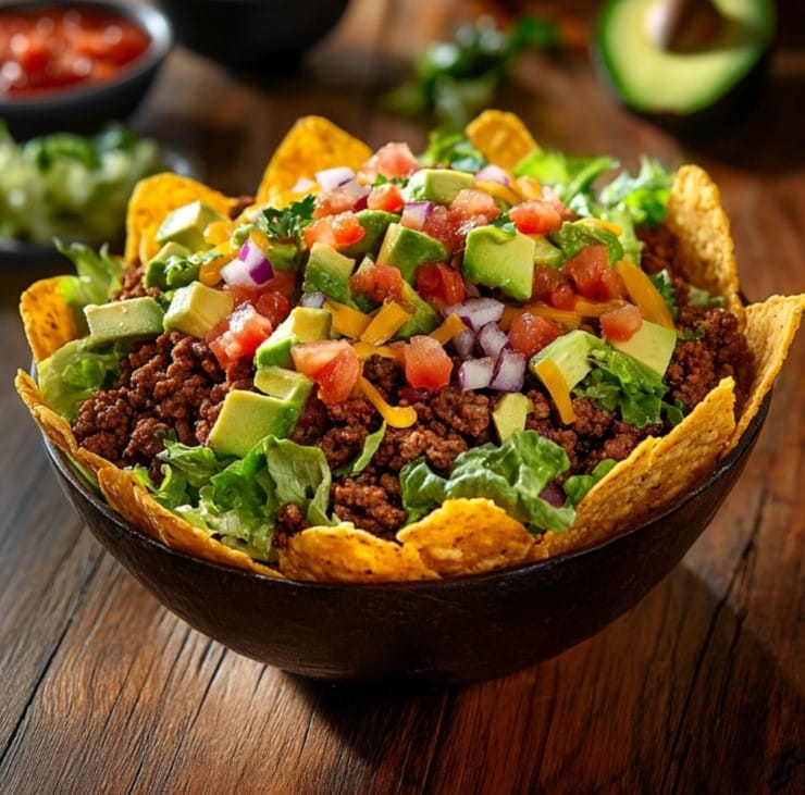 A colorful taco bowl with fresh toppings and crispy tortilla shell