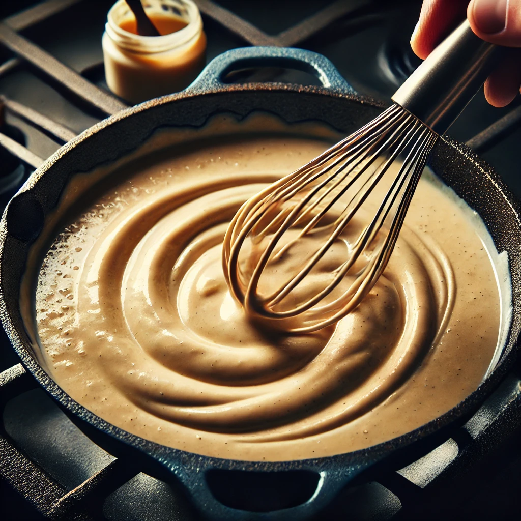 A skillet of creamy garlic Parmesan sauce being whisked.