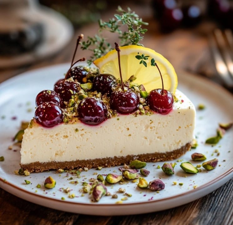 A whole lemon lime cherry pistachio cheesecake with vibrant toppings.